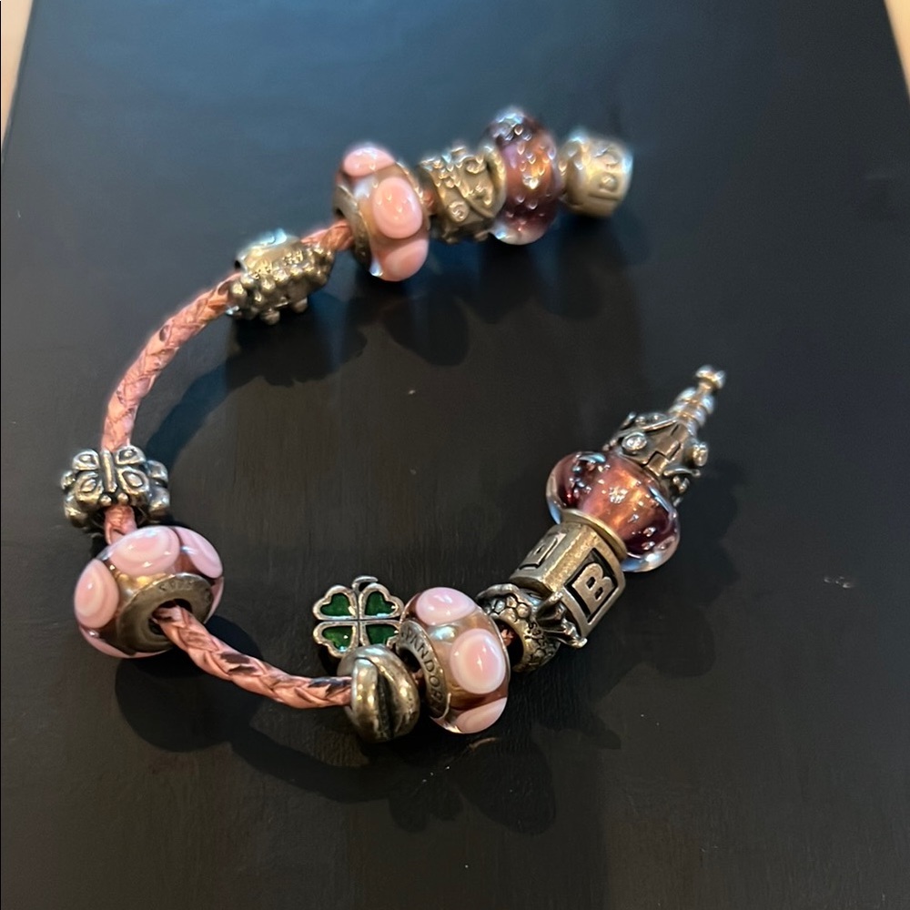 Pandora Pink and Silver Charm Bracelet with Intricate Beads